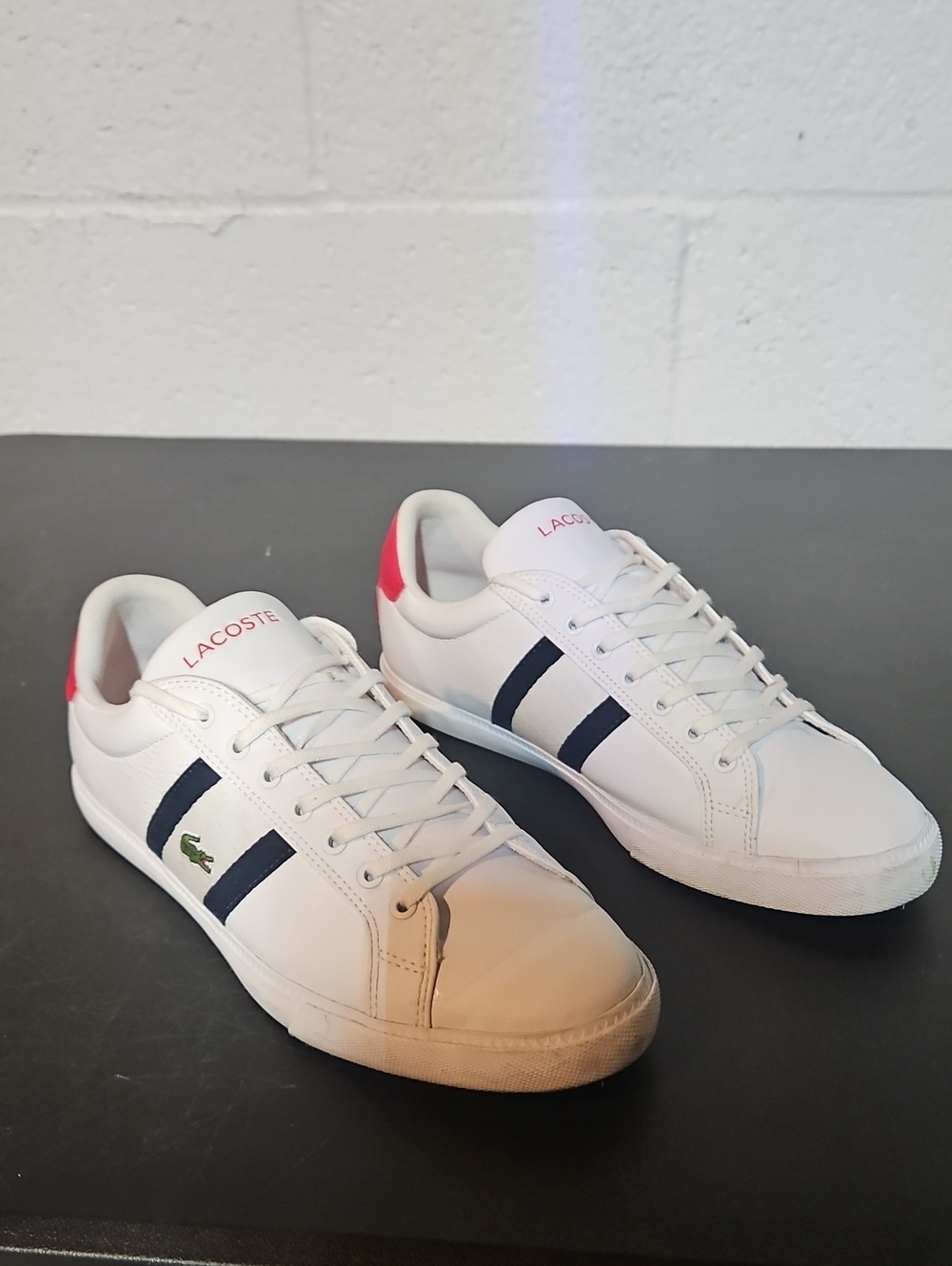 Lacoste White Leather Sneakers with Navy Stripes and Pink Heel